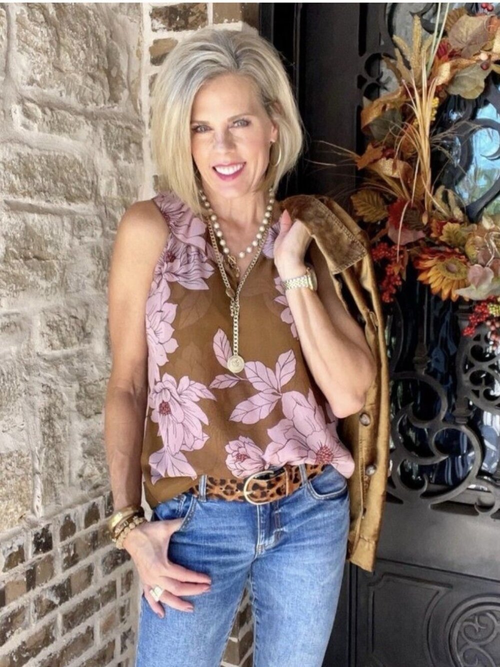 Cabi Hothouse Floral Blouse S Brown Pink Ruffle Neck Sleeveless Sheer Style 4424